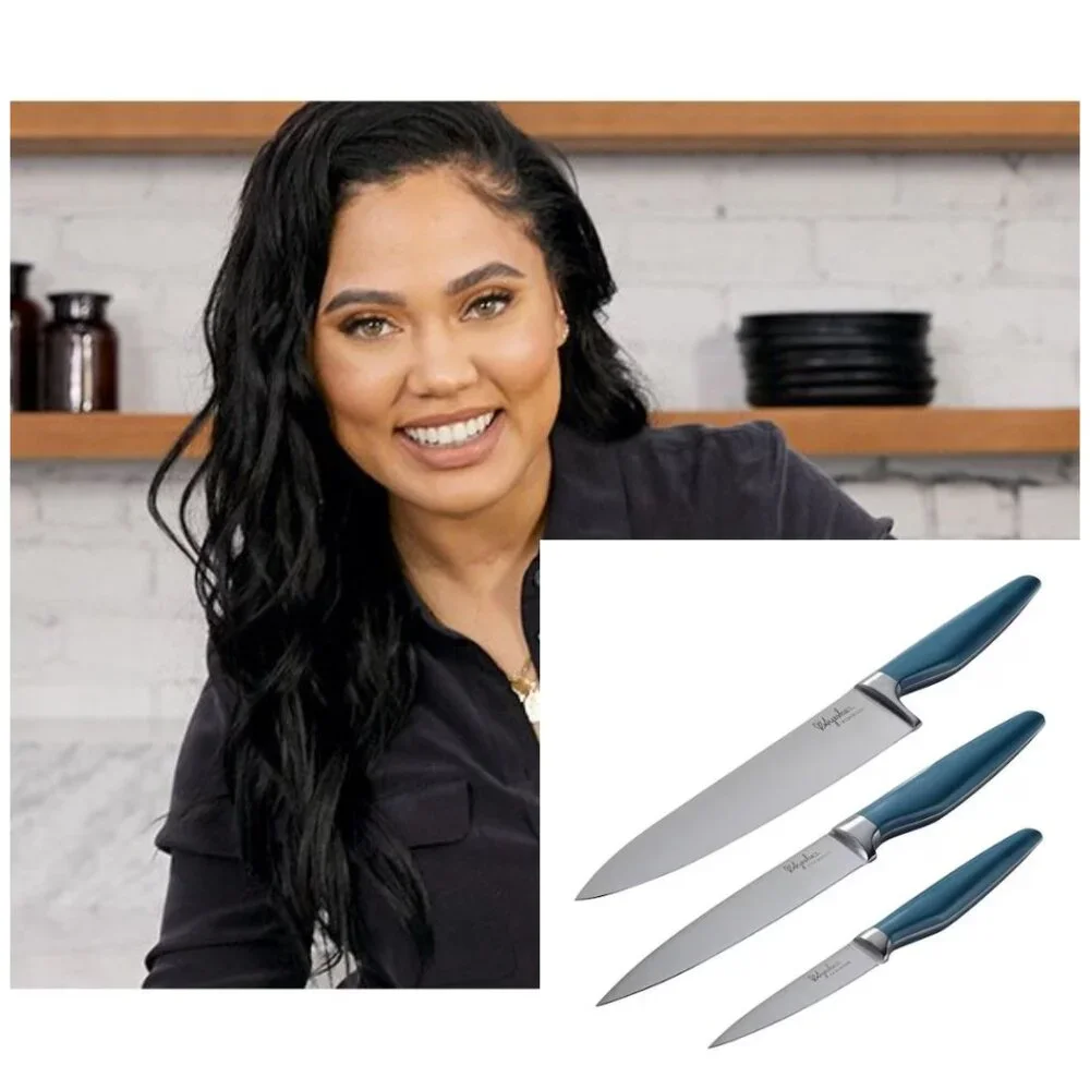 3pc Ayesha Curry Cutlery Japanese Steel Cooking Knife Set in Twilight Teal Blue